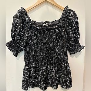Max Studio Black and White Polka Dot Smocked Top